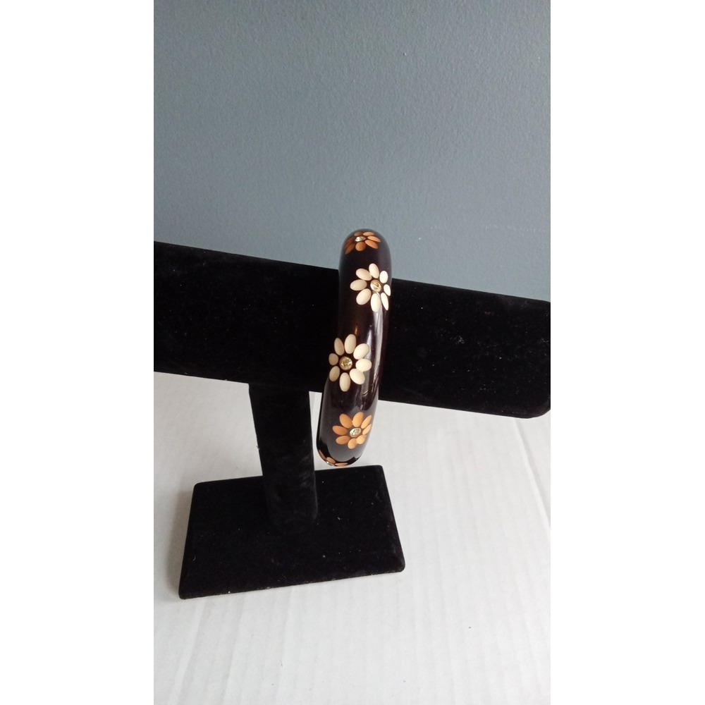 Vintage‎ Style Chunky Brown Resin Bangle Bracelet Rhinestone Daisy Floral Inlay